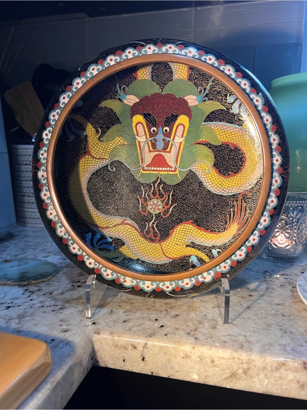 Antique Yellow & Black Dragon Cloisonné Bowl  No flaws